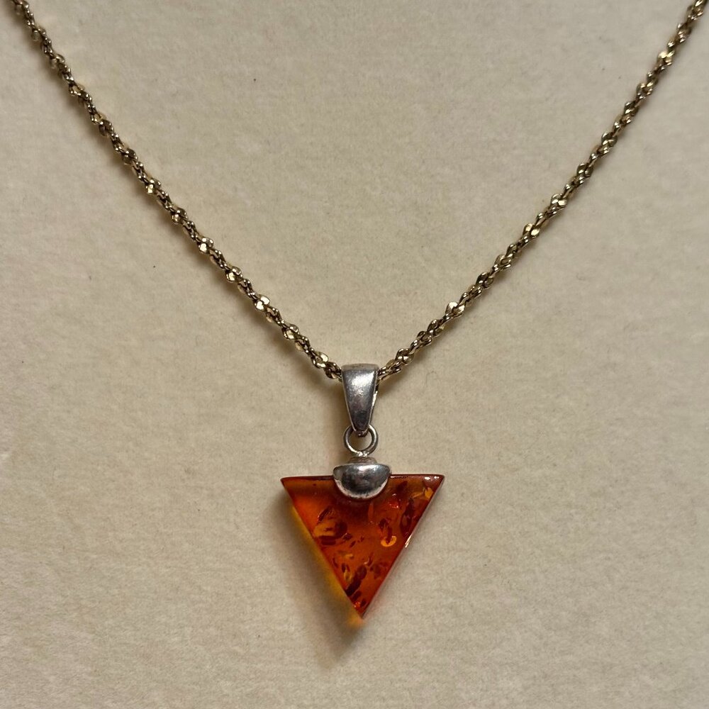Genuine Baltic Amber Cognac Triangular Pendant on Gold Plated Necklace Chain